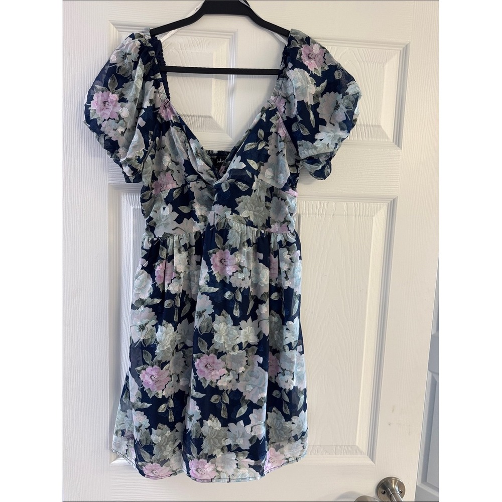 Lulus Navy Blue Floral Puff Sleeve Smocked Mini Dress Sweetheart Neckline Large